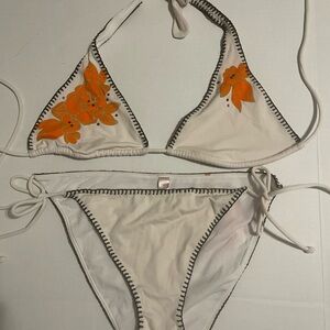 Victoria’s Secret Cream String Bikini Orange Floral Rhinestones Large